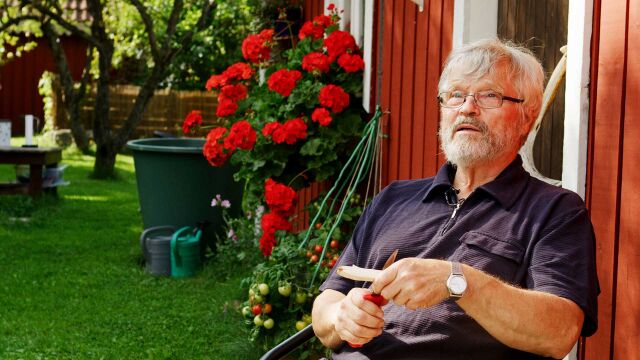 Vanha mies istuu punaisen talon edessä, vuollen käsisään keppiä
